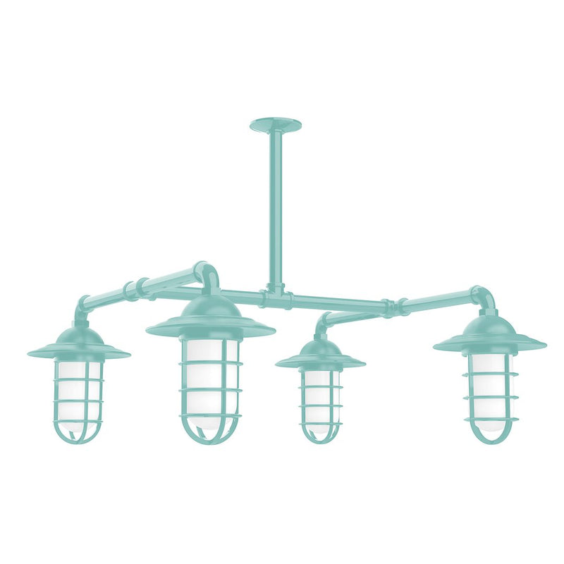 Sea green 4-light stem-hung pendant with four glass lantern shades and arms