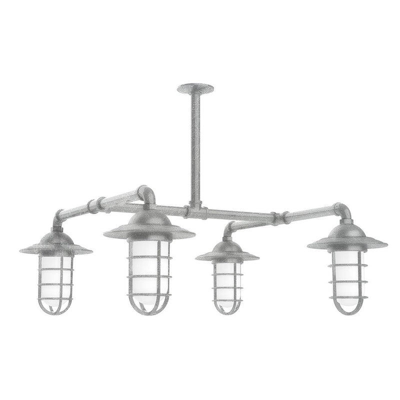 4-light stem pendant light with four lantern glass shades and painted metal frame