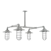 4-light stem-hung pendant light with lantern-style glass shades on metal arms