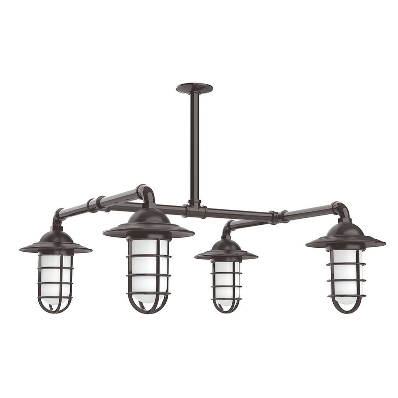 Bronze four-light stem hung pendant light with glass lantern shades and decorative arms