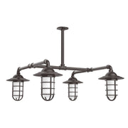 4-light stem-hung pendant light with architectural bronze frame and four glass lanterns