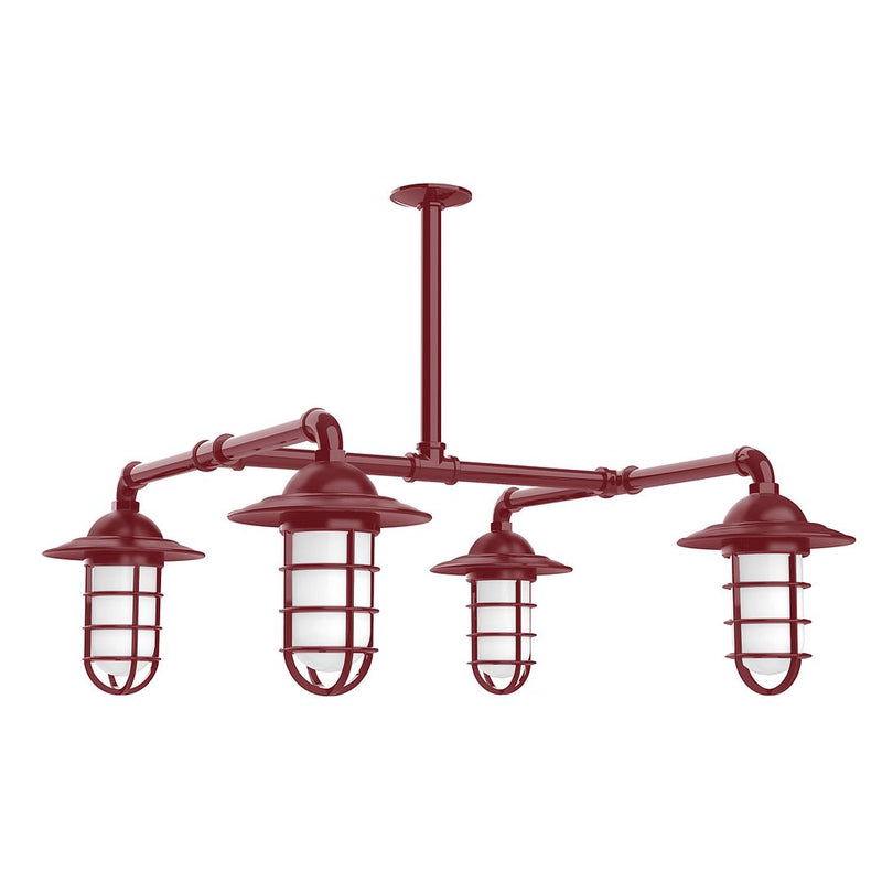 Barn red 4-light pendant with four lantern glass shades on stems