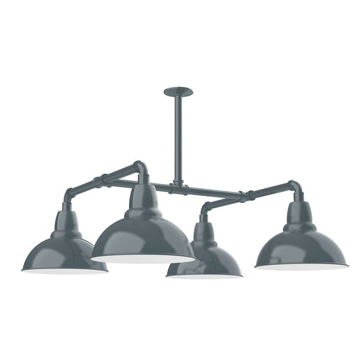 Slate gray 4-light stem pendant with four bell shades and crossbar arms