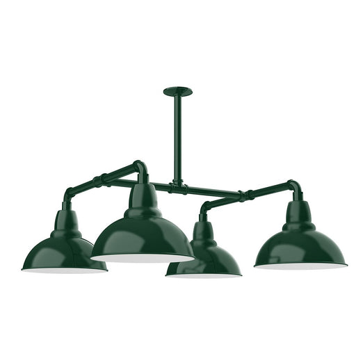 Forest green 4-light stem-hung pendant light with four bell shades