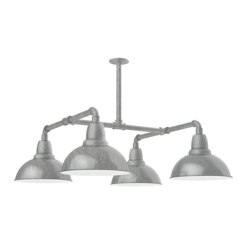 4-light stem-hung pendant light with four gray dome shades and metal cage arms