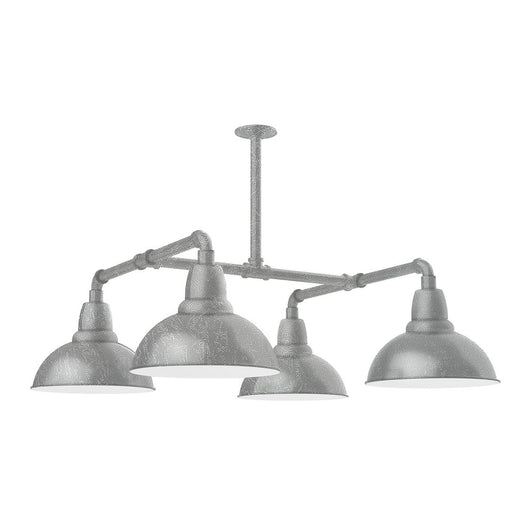 4-light stem-hung pendant light with four gray dome shades on metal bar
