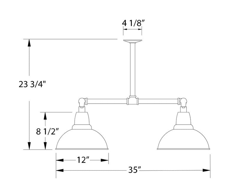 Navy 4-light pendant light with bell shades, size diagram showing 12 in width and 35 in span