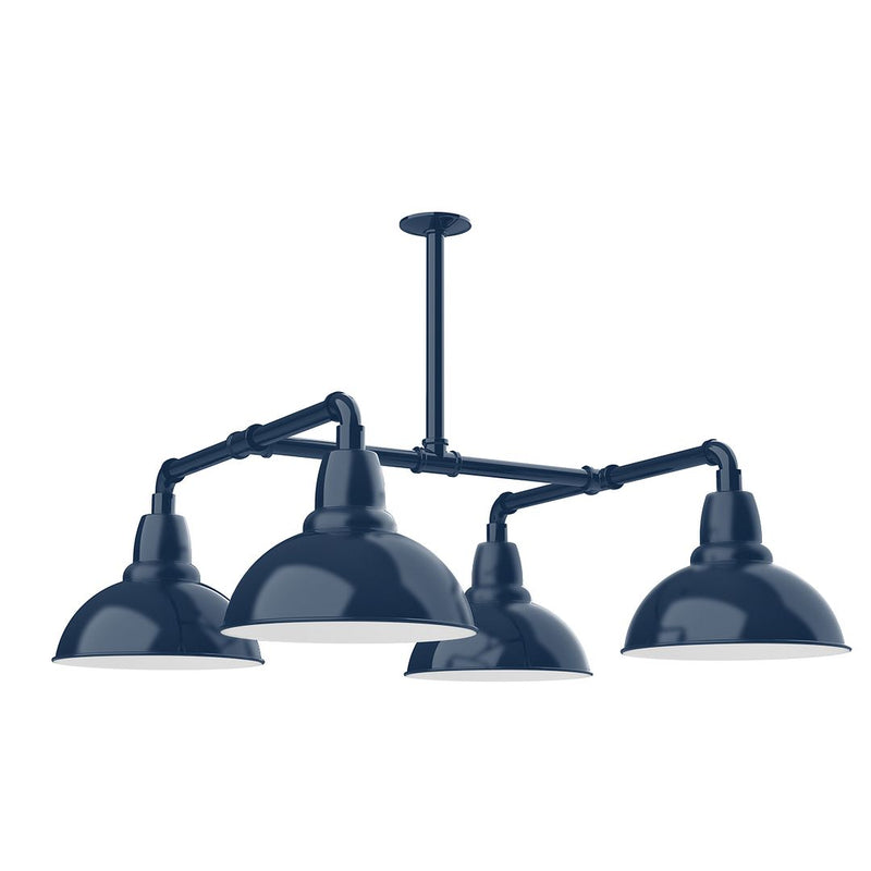 Navy 4-light stem-hung pendant light with four bell shades and crossbar arms