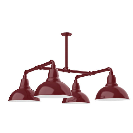 Barn red 4-light stem-hung pendant light with four dome shades
