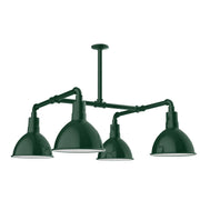 Forest green 4-light pendant with four downward bowl shades on curved arms