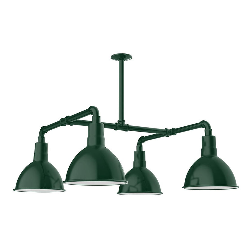 Forest green 4-light pendant with four downward bowl shades on curved arms
