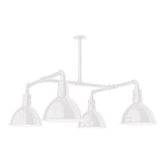 4-light stem hung pendant with four white bell shades and central mounting plate