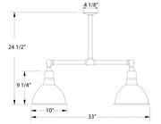 Dimension diagram: forest green 4-light pendant, 24 1/2 in tall, 33 in wide