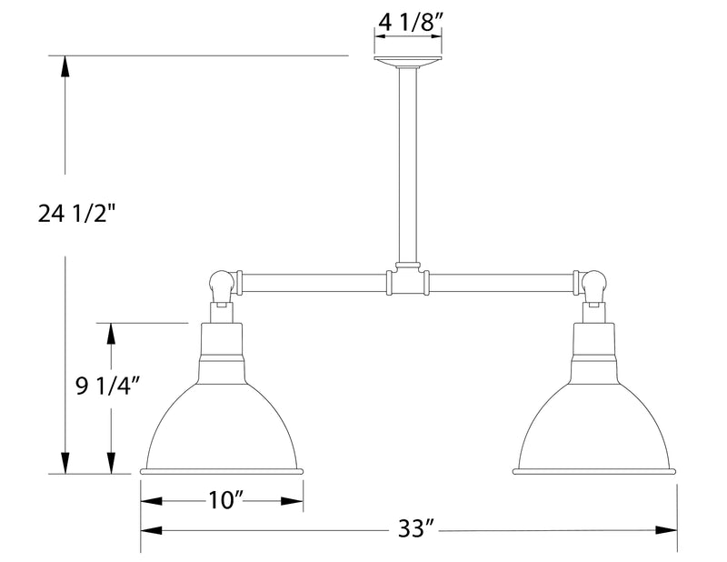 Dimension diagram: forest green 4-light pendant, 24 1/2 in tall, 33 in wide