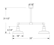 4-light stem hung pendant light diagram with four shades and size measurements