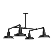 Black 4-light stem-hung pendant light with four downward dome shades