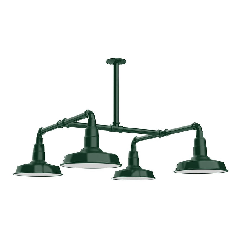 Forest green 4-light stem-hung pendant with four dome shades and metal arms