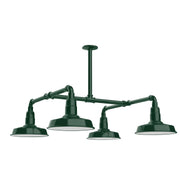 Forest green 4-light stem hung pendant with four bell shades and curved arms