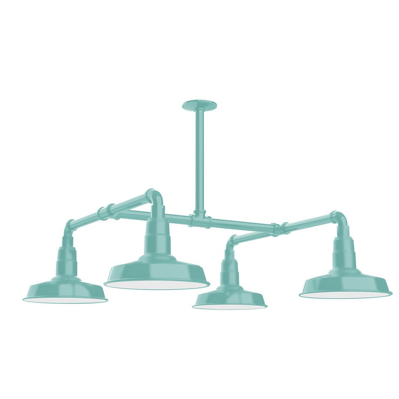 Sea green 4-light stem-hung pendant light with four metal shades