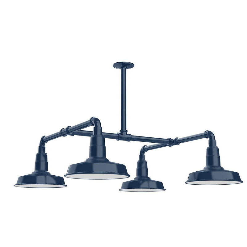 Navy 4-light stem hung pendant light with four domed shades and arched arms