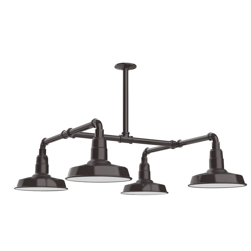 4-light bronze stem pendant with four dark bowl shades and curved arms