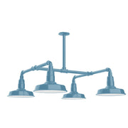 Light blue 4-light stem-hung pendant light with four cone shades on metal arms