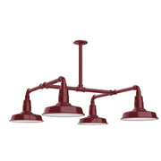 Barn red 4-light stem-hung pendant light with four bell shades