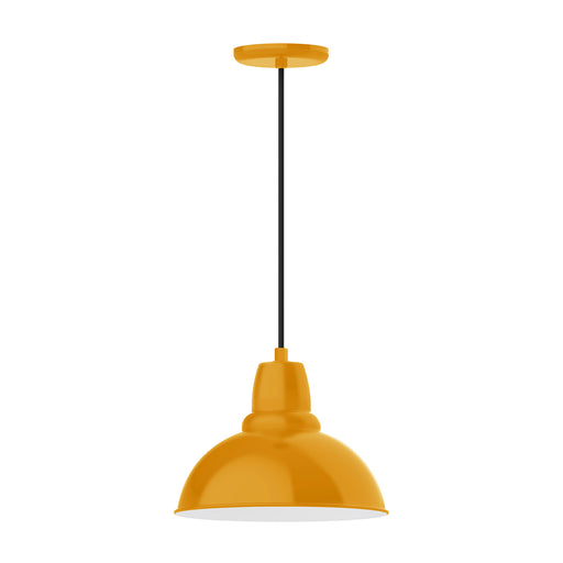 Bright yellow dome pendant light with black cord and ceiling canopy