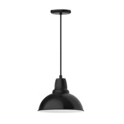 Black LED pendant light with bell shade and round ceiling canopy