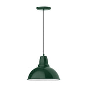 Forest green 12-inch cafe pendant light with domed shade and round ceiling canopy