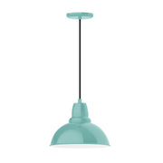 Sea green LED pendant light with bell-shaped glass shade and black cord.
