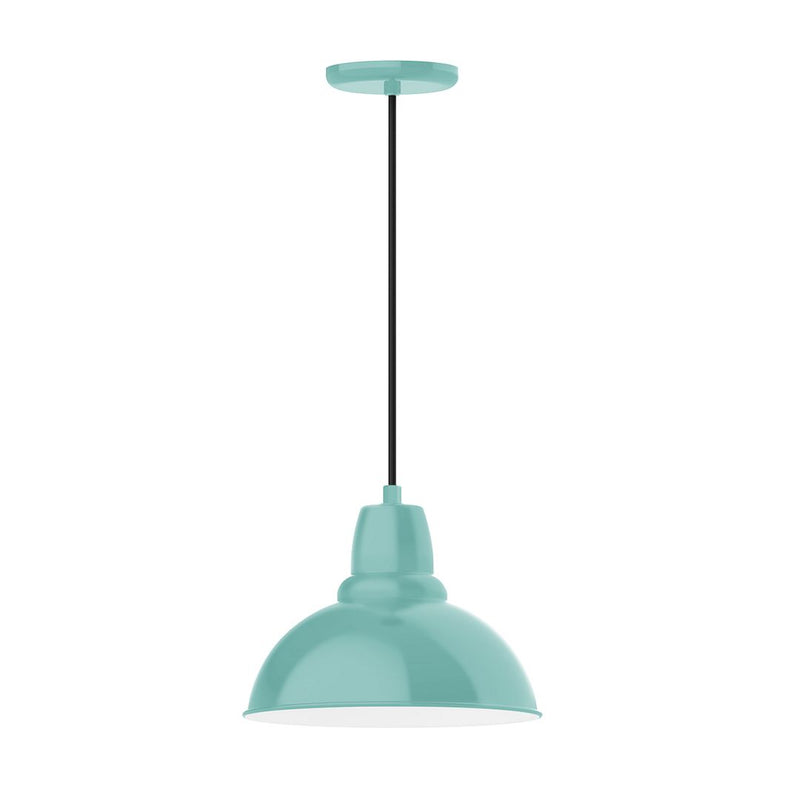 Sea green LED pendant light with bell-shaped glass shade and black cord.