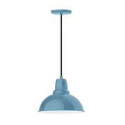 Light blue LED pendant light with dome shade and black cord, 12 in width