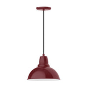 Barn red LED pendant light with dome shade and black cord, round ceiling canopy