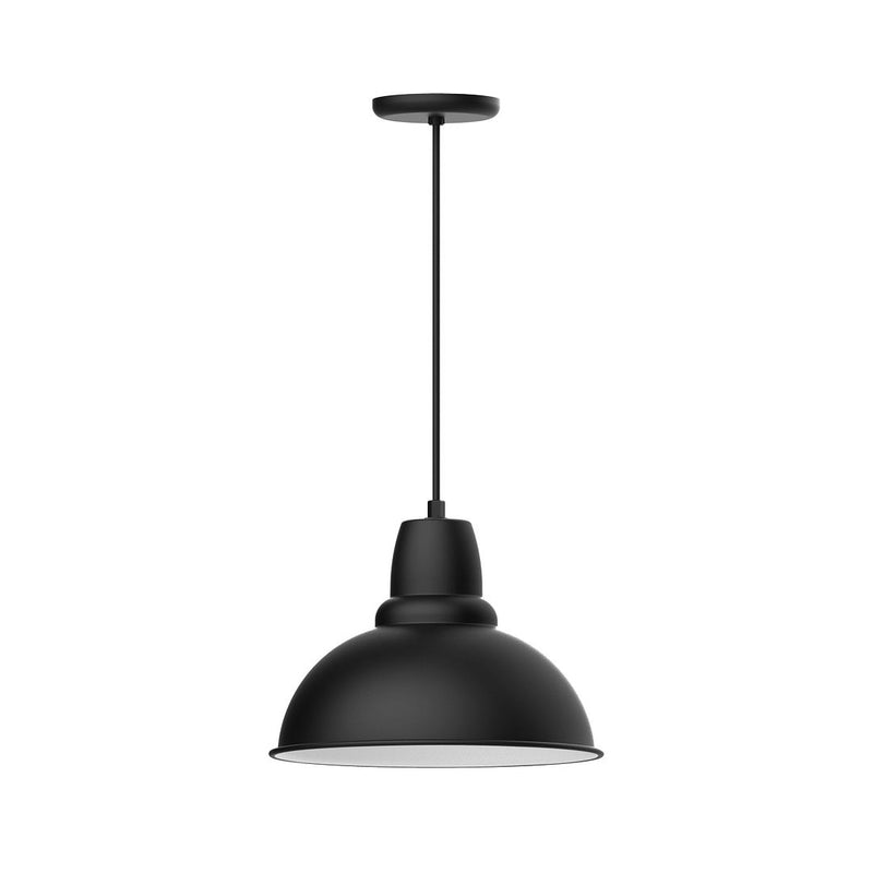 Black 14-inch LED pendant light with dome shade and straight hanging rod