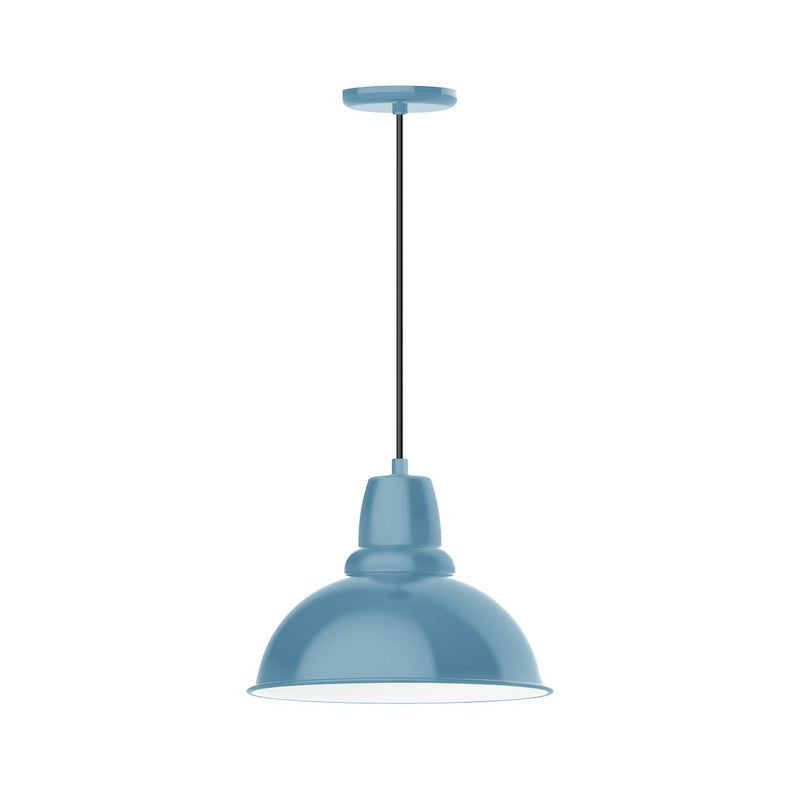 Light blue dome cafe pendant light with hanging cord and round ceiling canopy
