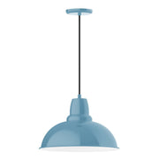 Light blue LED pendant light with domed shade and black hanging stem