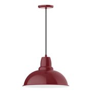 Barn red LED pendant light with curved metal shade and black cord, round ceiling canopy