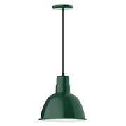 Forest green LED pendant with deep bowl shade and straight cord downrod.