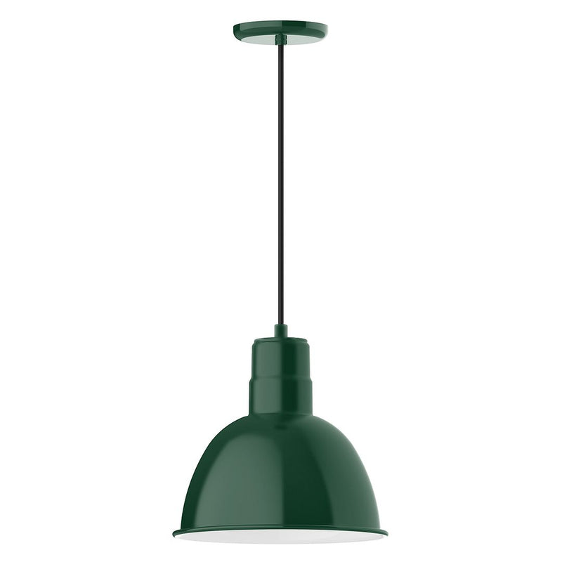 Forest green LED pendant with deep bowl shade and straight cord downrod.