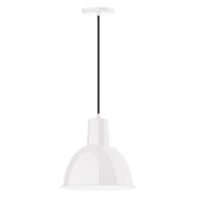 White deep bowl pendant light with cord and ceiling mounting canopy