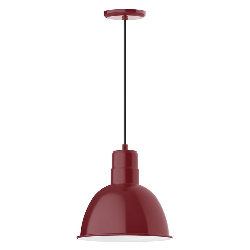 Barn red deep-bowl pendant light with metal stem and round ceiling canopy