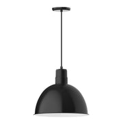 Black metal dome pendant light with straight hanging stem and ceiling canopy
