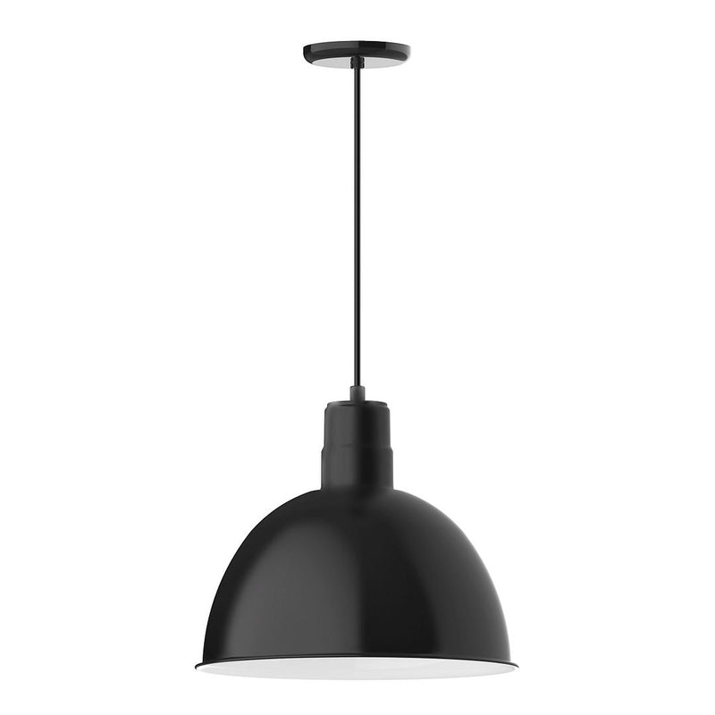 Black metal dome pendant light with straight hanging stem and ceiling canopy