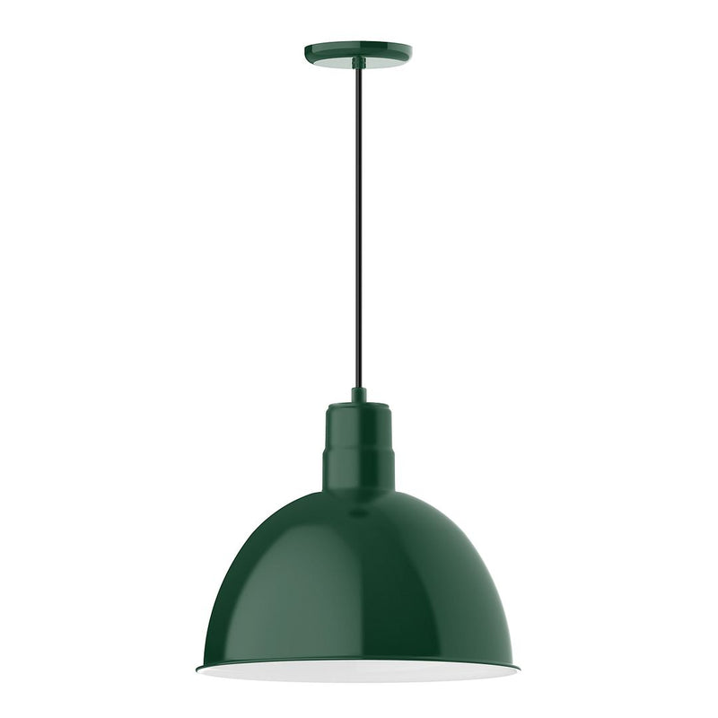 Forest green dome LED pendant light with hanging stem and round ceiling canopy