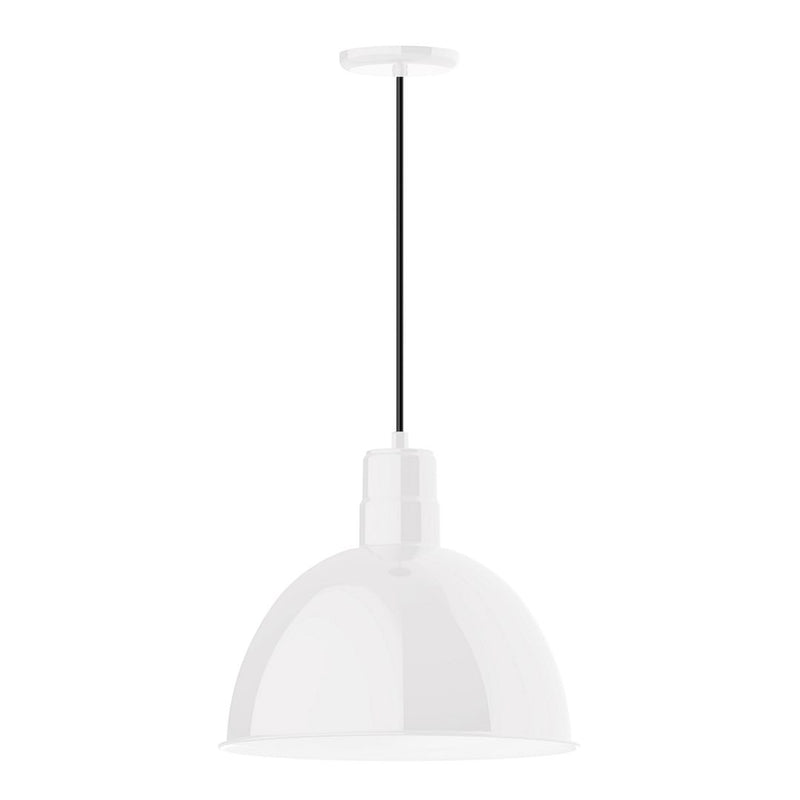 White deep-bowl pendant light with canopy and hanging rod
