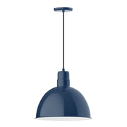 Navy deep-bowl LED pendant with round ceiling canopy and hanging cord.