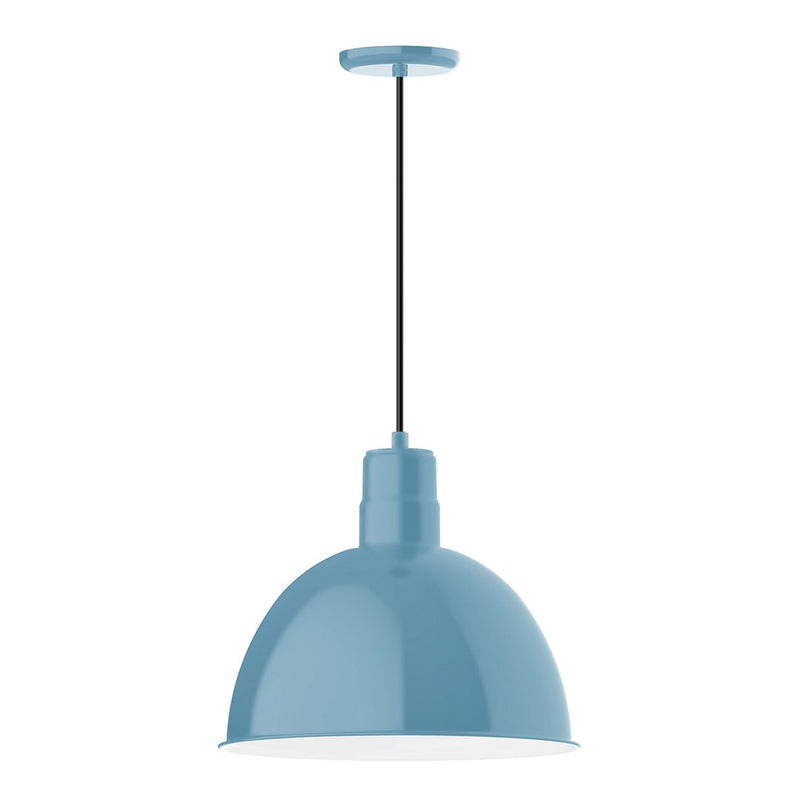 Light blue deep bowl pendant light with hanging cord and round ceiling canopy