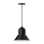 Black 12-inch pendant light with bell-shaped shade and straight hanging stem.