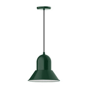 Forest green LED pendant with bell shade and black cord, 12 in